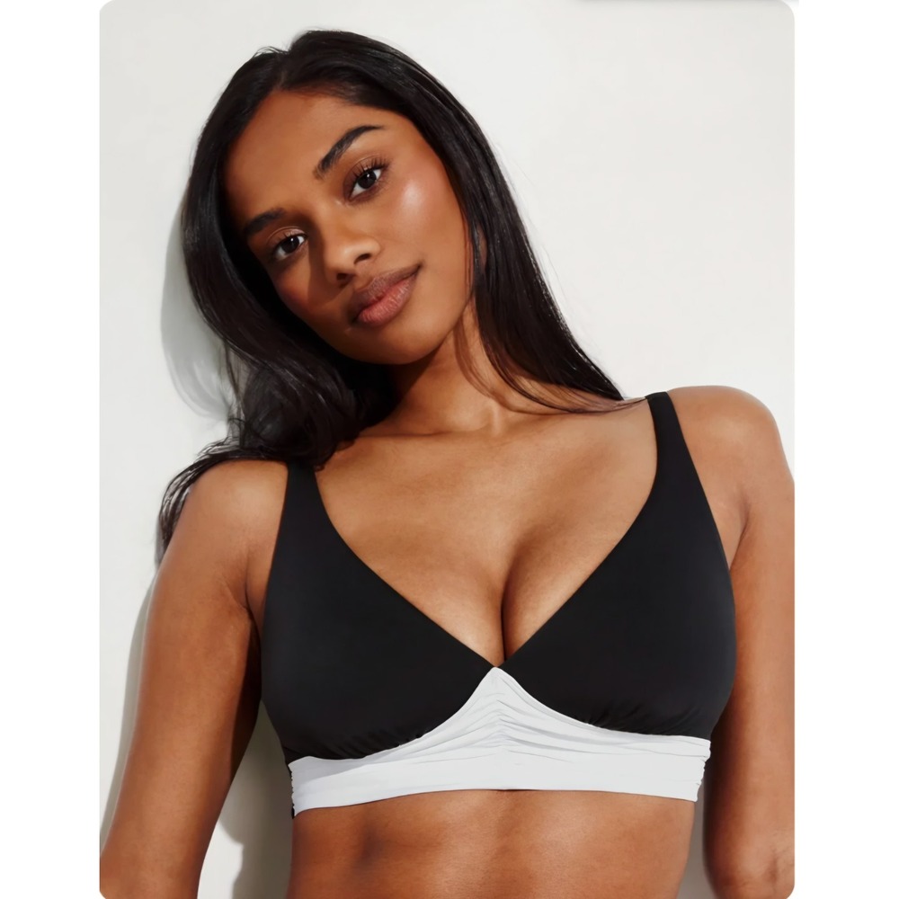 NEW Knix Black White Ruched Deep V Padded Adjustable Strap Bikini Top Size Small